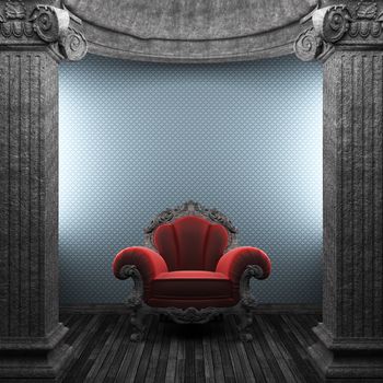 stone columns, chair and wallpaper made in 3D