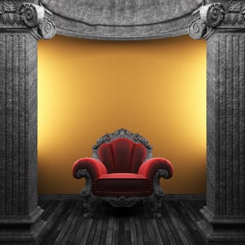 stone columns, chair and wallpaper made in 3D