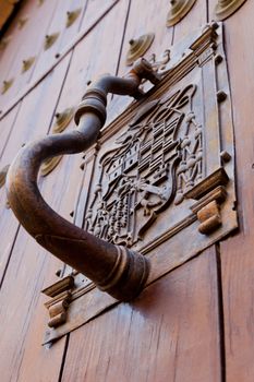 Detail of an ornate door knocker on the door of a building