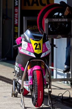 JEREZ DE LA FRONTERA, SPAIN - APR 17: Moto2 Motorcycle of Ivan Moreno waiting in the pitlane in the CEV Championship on April 17, 2011, in Jerez de la Frontera