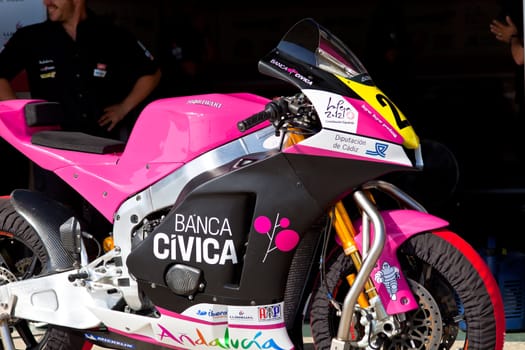 JEREZ DE LA FRONTERA, SPAIN - APR 17: Moto2 Motorcycle of Ivan Moreno waiting in the pitlane in the CEV Championship on April 17, 2011, in Jerez de la Frontera