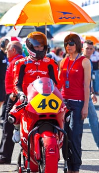 JEREZ DE LA FRONTERA, SPAIN - APR 17: Moto2 motorcyclist Roman Ramos waiting on the starting gates in the CEV Championship race on April 17, 2011 in Jerez de la Frontera, Spain.n Jerez de la Frontera, Spain.