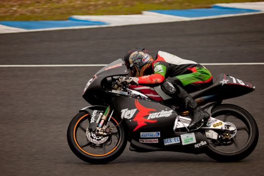 JEREZ DE LA FRONTERA, SPAIN - NOV 20: Pedro Rodriguez pilot of motorcycling of 125cc in the Spanish championship of velocity (CEV) on Nov 20, 2010, in racetrack of velocity of Jerez de la Frontera