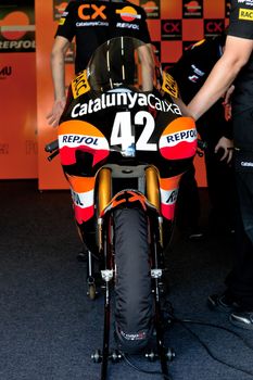 JEREZ DE LA FRONTERA, SPAIN - APR 17: 125cc Motorcycle of Alex Rins waiting in the pit in the CEV Championship on April 17, 2011, in Jerez de la Frontera, Spain.