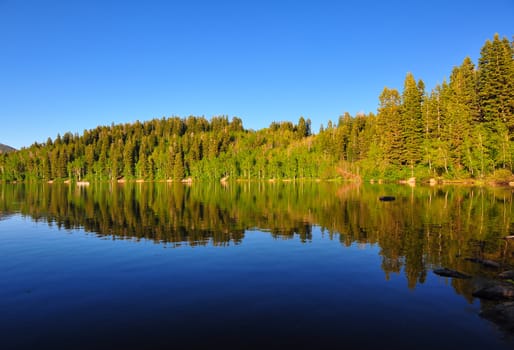 Serene lake in Utah with beautiful reflection of the mountain and trees.