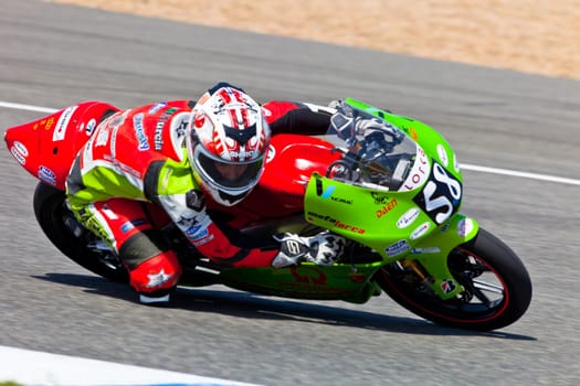 JEREZ DE LA FRONTERA, SPAIN - APR 17: 125cc motorcyclist Juanfran Guevara takes a curve in the CEV Championship race on April 17, 2011 in Jerez de la Frontera, Spain.