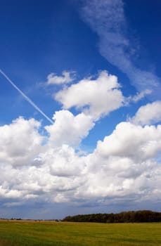 Agricultural green fields in spring on the background of blue sky with clouds. Plane mark in sky.