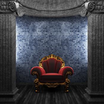 stone columns, chair and tile wall made in 3D