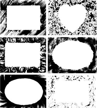 Six hand-drawn ink rectangular, oval and heart-shaped frames