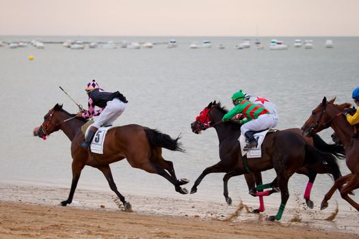 SANLUCAR DE BARRAMEDA, CADIZ, SPAIN - AUGUST 07: Horses races on August 07, 2010 on the beach of Sanlucar de Barrameda, Cadiz, Spain. The races of Sanlucar de Barrameda  are one of the most important horses races of the world