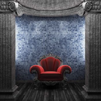 stone columns, chair and tile wall made in 3D