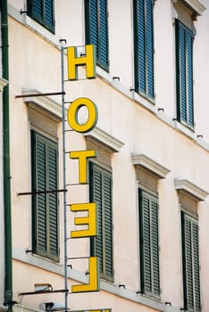 architecture detail, hotel sign in Trieste, Italy