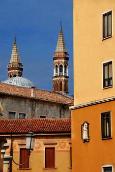 architecture details of Padova, Italy over blue sky