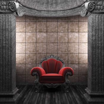 stone columns, chair and tile wall made in 3D