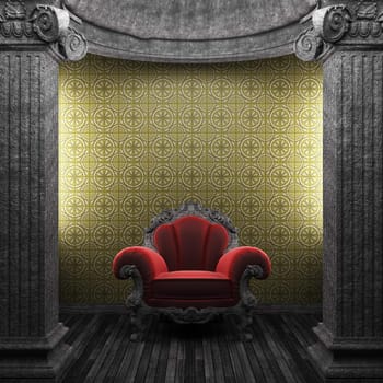 stone columns, chair and tile wall made in 3D