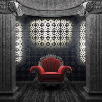 stone columns, chair and tile wall made in 3D