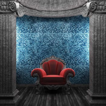 stone columns, chair and tile wall made in 3D