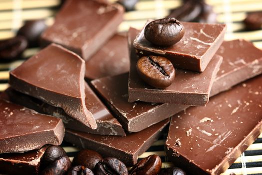 close up of chocolate and coffee beans, shallow dof 