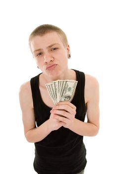 funny skinny teenager with a dollars isolated on white background