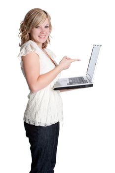 Smiling blond woman holding laptop
