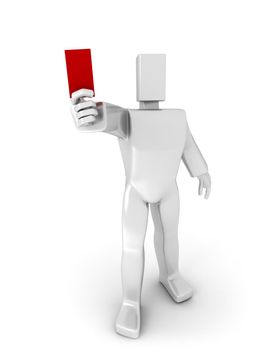 3D Man shows the red card isolated over white