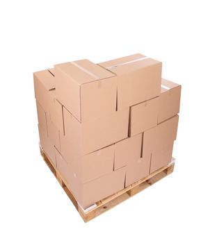 cardboard boxes on wooden palette, photo on white