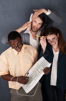 Geek with keyboard, salesman combing his hair and a nerd scratching her head