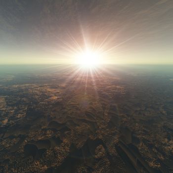 A cracked earth view with sun background. Bright flash and flare of over hazy sky horizon.