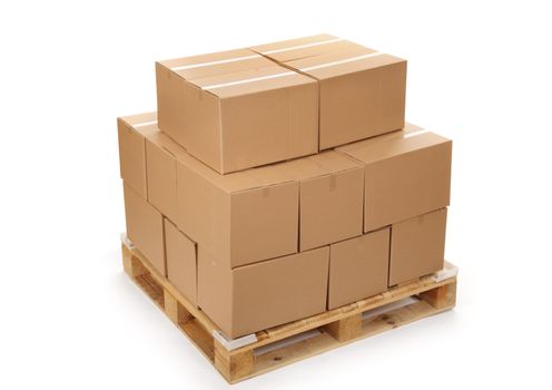 cardboard boxes on wooden palette, isolated on white