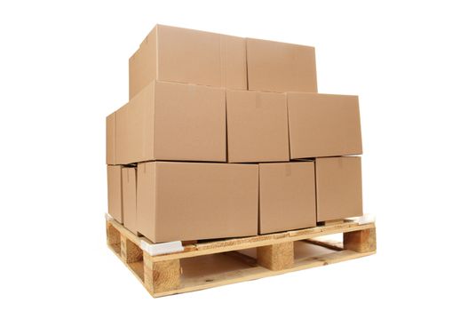 cardboard boxes on wooden palette isolated on white