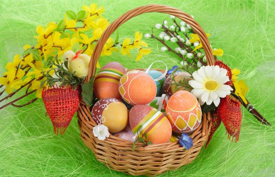 Easter eggs in basket on green Grass