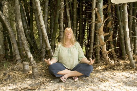 A pretty blond woman meditates in a bamboo grove.