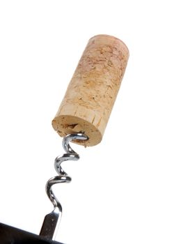 corkscrew for opening wine bottles with wine cork isolated on white