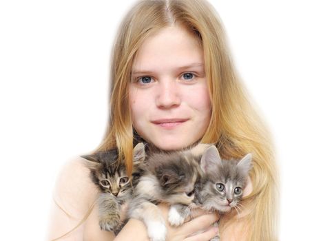   young girl and three tiny kittens