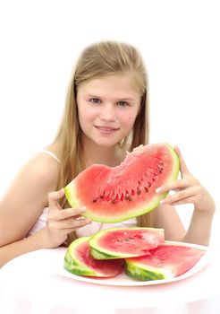 young  woman holds piece of melon on white