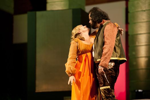 CANARY ISLANDS-NOVEMBER 3: Luifer Rodriguez (r) and Inez Acebes (l), from Spain, acting in Margarita la Tornera written by Jose Zorrilla, November 3, 2011 in Canary Islands, Spain
