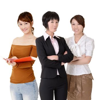 Asian business women team with happy smiling expression on face, half length closeup portrait on white background.