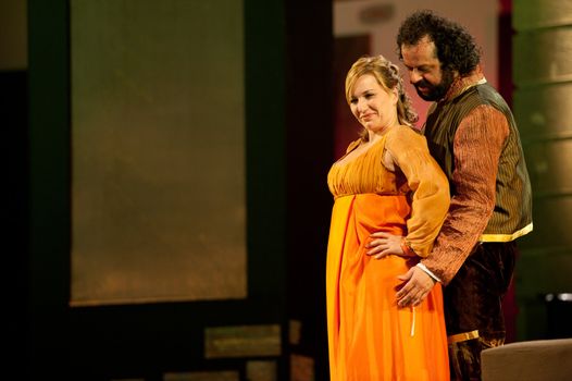 CANARY ISLANDS-NOVEMBER 3: Luifer Rodriguez (r) and Inez Acebes (l), from Spain, acting in Margarita la Tornera written by Jose Zorrilla, November 3, 2011 in Canary Islands, Spain
