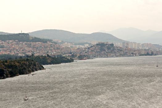 Panoramic photo of the town of Sibenik with the river Krka in Croatia
