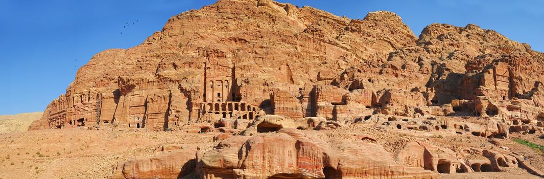 Panorama Caves in lost city of world wonder Petra, Jordan