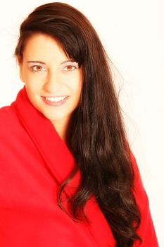 Portrait of a dark-haired woman in a red bathrobe