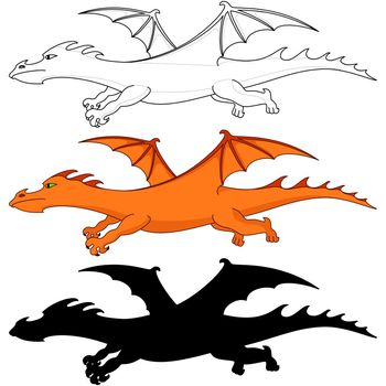 fantastic dragon, three variants: color, silhouette, contours