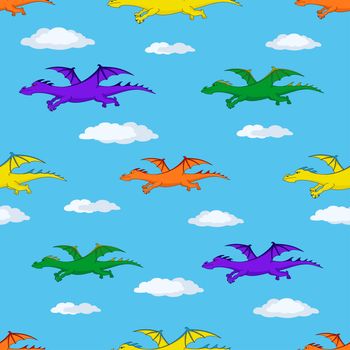 Abstract seamless background, various winged dragons flies in the blue sky