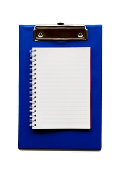 Blank notepaper on a  blue clipboard background.