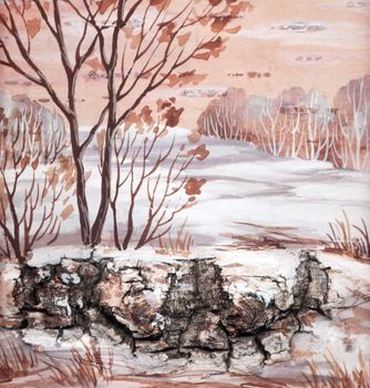 Drawing distemper on a birch bark: winter siberian landscape