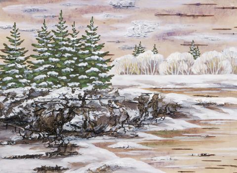 Picture, winter natural landscape. Handmade, drawing distemper on a birch bark