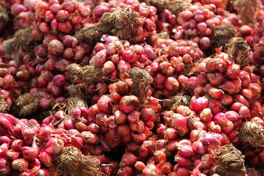 Closeup Of Large Stock Of Red Onion Bundle On The Market