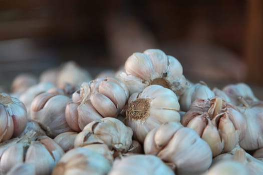 Close-up Of Dried Garlic Heads Stock Ready For Cooking