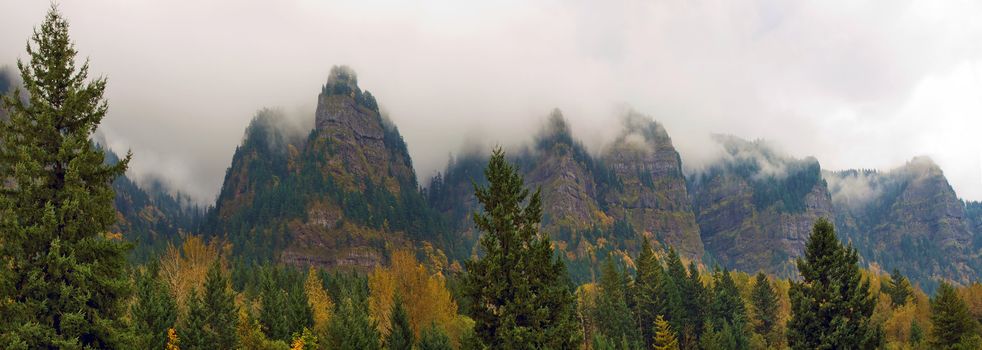 Mountain Mist Along Columbia River Gorge Oregon in Fall Panorama