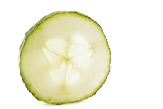 Close-up picture of a cucumber slice on a white background